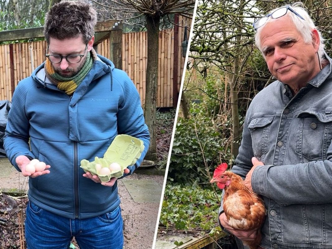 Merijn Biemans (links) en Kees van Veluw (rechts) gooien de eieren weg.
